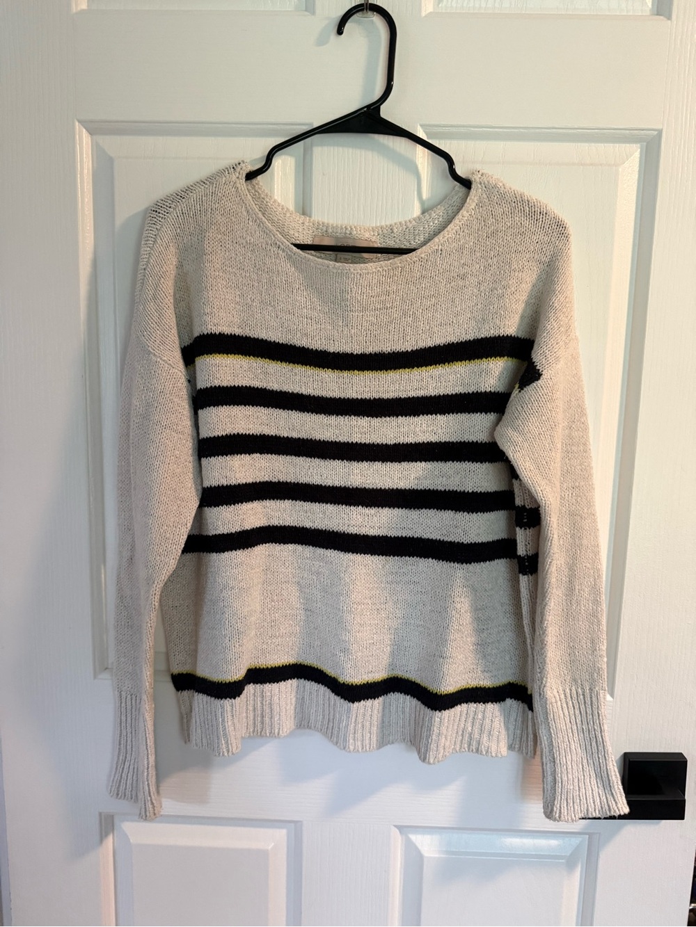 LOFT Cream Striped Crewneck Sweater with Black & Olive Accents